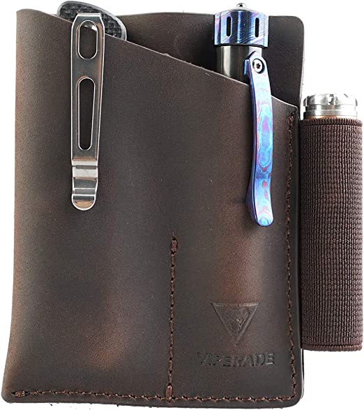 VIPERADE PJ12 Small EDC Leather Pocket Organizer for AA/AAA Flashlights, Mini Pocket Knives, Double EDC Pocket Leather Slip, Knife Organizer Leather Sheath, Flashlight Leather Holster with Clip