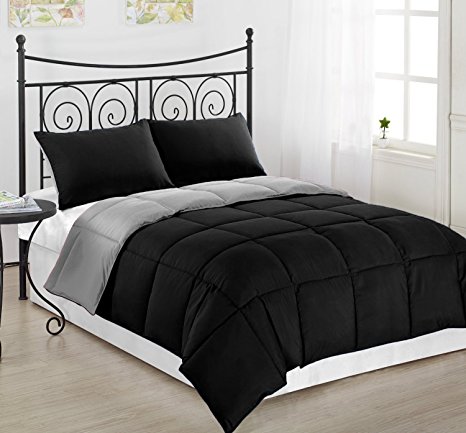 Goose Alternative Down Comforter- Hypoallergenic Duvet Insert Size King, Queen, Twin - Colors White, Black, and Reversible Black and Grey (Twin, Black/Grey)