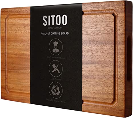 SITOO Large Walnut Wood Cutting Board for Kitchen,Reversible Large Wooden Cutting Board with Juice Groove,Build-In Handles, 16.9x10.6x1.3"