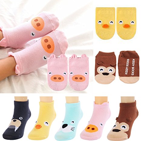 Fly-love® 5 Pairs 0-24 Months Baby Boys Girls Infant Toddler Anti Slip Skid Socks Animal No-Show Crew Ankle Cotton Non-Skid Floor boat Socks
