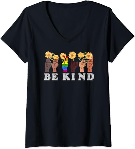 Womens Be Kind to All Humankind - Spelled out with ASL Alphabet V-Neck T-Shirt
