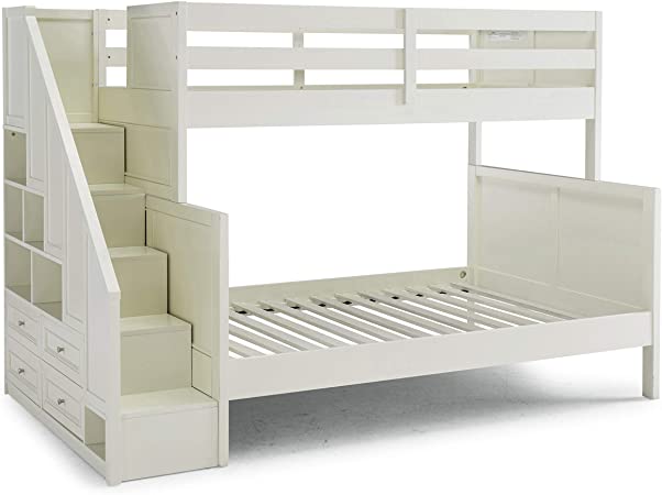 Home Styles Naples White Twin Over Full Bunk Bed with Four Utility Drawers, Six Cubicles, and Steps