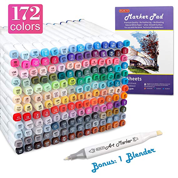 172 Colors Dual Tip Alcohol Based Art Markers,171 Colors Plus 1 Blender Permanent Marker 1 Marker Pad with Case Perfect for Kids Adult Coloring Books Sketching and Card Making