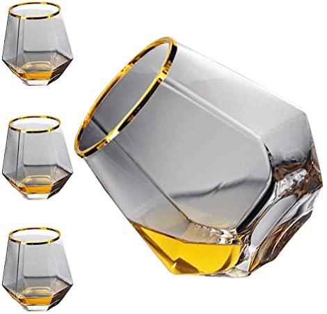 Diamond Whiskey Glasses, 4 PCS Rocks Glasses Gold Banded Cocktail Drinkware for Rum, Scotch or Wine Glasses, Tumblers Old Fashion Elegant Glass Unique Christmas New year Mother's Day Gifts (Gray)