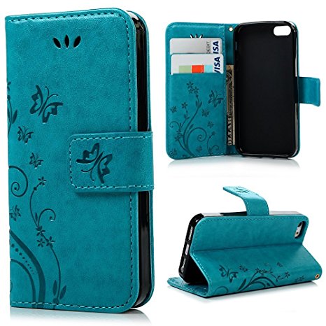 Summer Clearance Sale Day 2016 Valentoria iPhone 6 Case, iPhone 6S Case, Premium Vintage Emboss Butterfly Leather Wallet Pouch Case with Wrist Strap for iPhone 6 6S (iPhone 6/6s, Teal Blue)