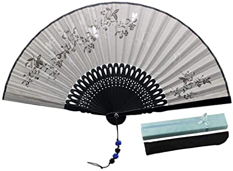 JSSWB 8.27"(21cm) Women Hand Held Silk Folding Fans with Bamboo Frame - with a Fabric Sleeve for Protection for Gifts - Chinese/Japanese Style Butterflies and Morning Glory Flowers Pattern (Grey)