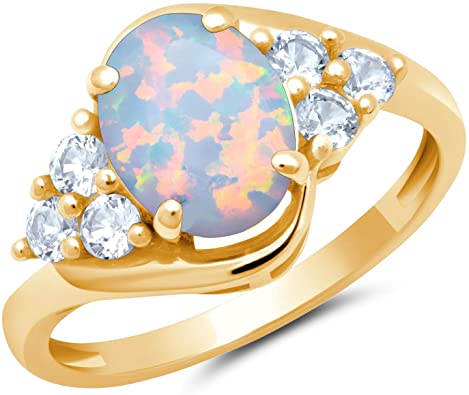Solid 10K Yellow or White Gold Oval Cut Created Opal October Birthstone Ring with Created White Sapphire Accents