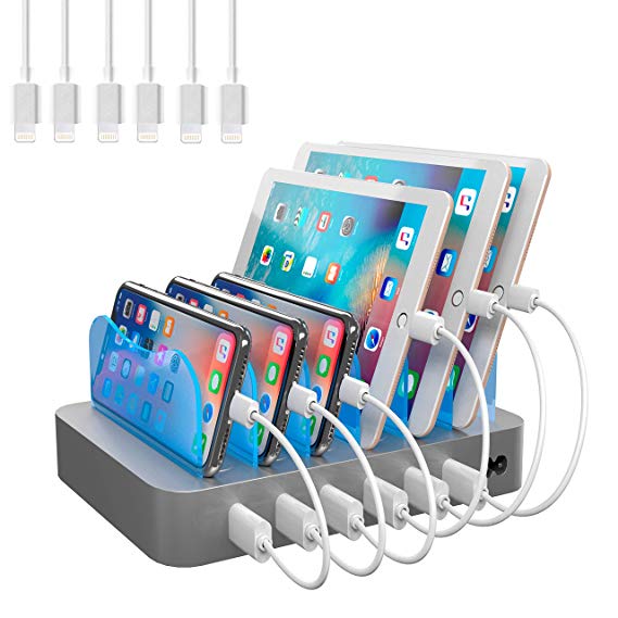 Hercules Tuff Charging Station for Multiple Devices, 6 USB Ports, Short Cables Included, Silver
