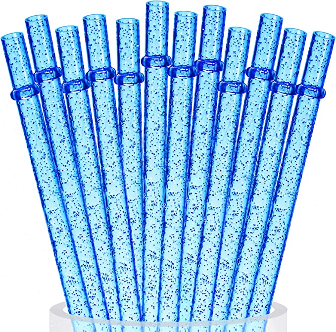 ALINK 12PCS Reusable Clear Blue Glitter Straws, 11" Long Hard Plastic Tumbler Drinking Straws with Cleaning Brush