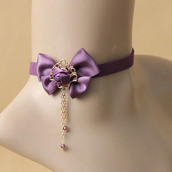 Pure Gothic Ribbon Bridal Lace Pattern Necklace Vintage Romantic Handmade Bridal Wedding White Lace Choker Necklace Short Flower Pearl Relighous Necklace (with A Purple Bow)