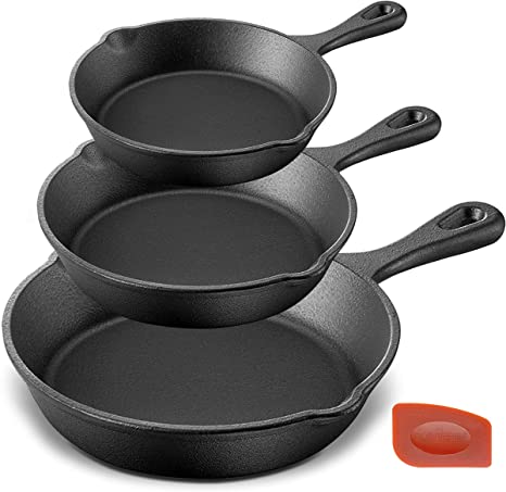 NutriChef Pre-Seasoned Cast Iron Skillet 3 Pieces Kitchen Frying Pan Nonstick Cookware Set w/Drip Spout - Silicone Handles, Scraper - Electric Stovetop, Induction, Gas Range, Ceramic, NCCI76