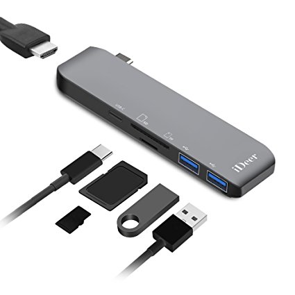USB C Hub,iDeer Type C Hub 6 In 1 Multi-Ports USB C Hub Adapter with 4K HDMI,USB C 3.0 Ports,Two USB 3.0,SD/TF Card Reader for 12” MacBook,MacBook Pro,Google Chromebook and more USB C Devices.Aluminum