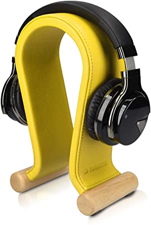 Navaris Omega Headphone Stand - Synthetic Leather Headset Hanger with Wooden Base - Holder for Wired, Wireless, Gaming, DJ, Studio Headphones - Yellow