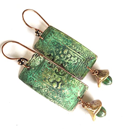 Athena Ancient Flower and Leaf Boho Blue Green Patina with Golden Drops Copper Earrings by BANDANA GIRL