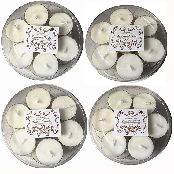 Adoria Scented Tea Light Candles Gift Set - 100% Natural Soy Wax Candles in Clear Cup 112 Packs-Over 4 Hours Burning-Lavender,Jasmine, Basil Orange,Vanilla Peppermint