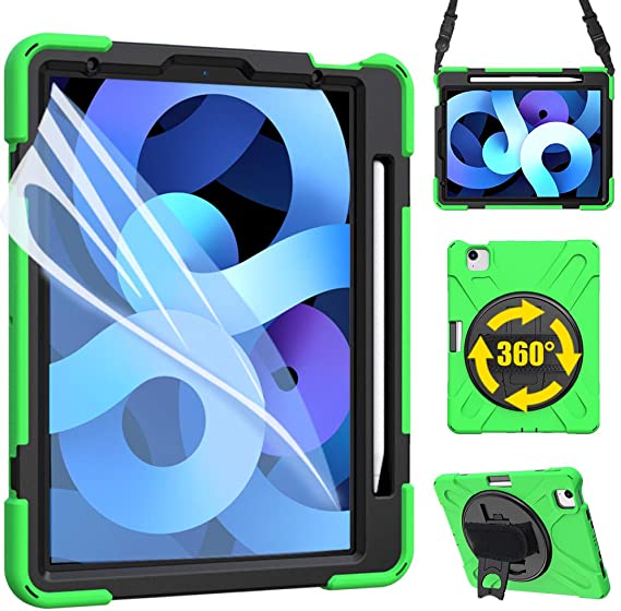 ZenRich iPad Air 4 10.9 Case 2020, zenrich iPad 10.9 inch Case with Screen Protector Stand Hand Strap Shoulder Belt Heavy Duty Shockproof Case for iPad 10.9 inch/iPad Pro 11 inch 2020/2018,Green