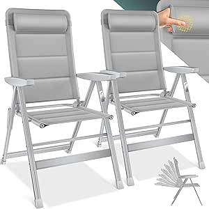 KESSER® Gartenstuhl Hochlehner mit Armlehnen 2er Set | Aluminium Klappstuhl inkl. Kopfkissen Campingstuhl 7-Fach Verstellbar Rückenlehne | Atmungsaktiv & Wetterfest | Klappbar & Anti-Rutsch Grau