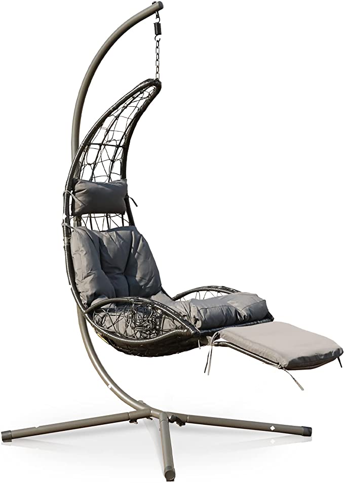 LAZZO Hanging Swing Chair, Wicker Rattan Basket Hanging Chair with Arc Stand Set, Indoor & Outdoor Freestanding Moon Swing Hammock Chair w/Cushion,Hanging Chaise Lounger Chair for Patio Porch Balcony
