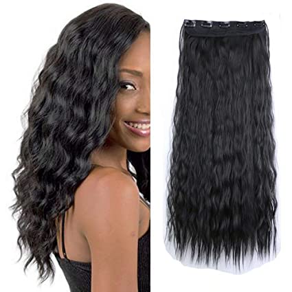 iLUU 2# Natural Black 24 Inches Long Corn Wave Curly Wavy One Piece Synthetic Clip in Hair Extensions 110g Full Head Clip Ins Hairpiece for Women Lady Girl (5clips)