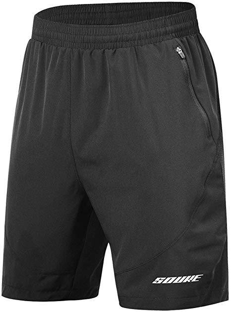 Souke Sports Men's Workout Running Shorts Quick Dry Athletic Performance Shorts Black Liner Zip Pockets