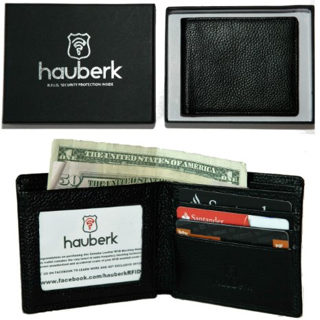 Hauberk RFID Blocking Slim Leather Wallet for Men - Black Bifold with Gift Box - Great for Valentines