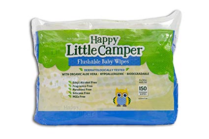 Happy Little Camper Flushable Baby Wipes with Organic Aloe, Septic Safe, 150 Count