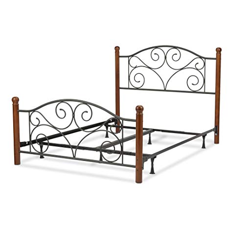 Fashion Bed Group Doral Complete Metal Bed and Steel Support Frame with Decorative Scrollwork and Walnut Colored Wood Finial Posts, Matte Black Finish, California King