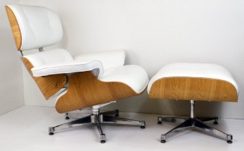 Mid Century Modern Classic Ash Plywood Lounge Chair & Ottoman With White Premium High Grade PU Leather Eames Style Replica
