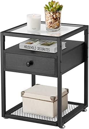 VECELO Modern Side, Nightstand, Tempered Glass End Table, Cabinet with Drawer and Rustic Shelf, Decoration in Living Room,Bedroom,Lounge-Black