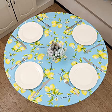 Round Vinyl Fitted Tablecloth with Flannel Backing,Elastic Edge Design Table Cover,Waterproof Oil-Proof PVC Table Cloth Fits for 45"-56" Round Table,Lemon
