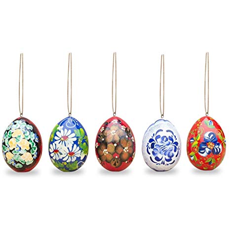 Set of 5 Flowers Wooden Pysanky Easter Egg Ornaments