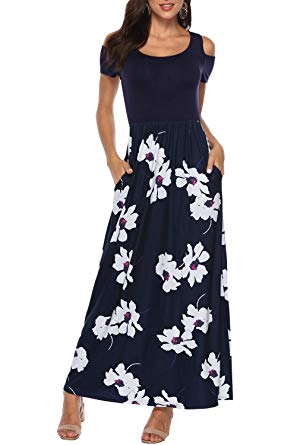 Kranda Women's Cold Shoulder Maxi Dress Pockets Casual Floral Long Summer Dress