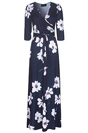 Zattcas Womens 3/4 Sleeve Floral Print Faux Wrap Long Maxi Dress with Belt