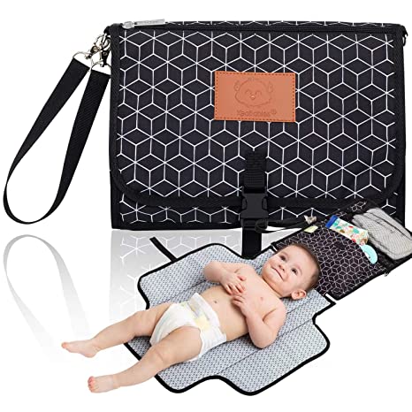 Baby Diaper Changing Pad - Portable Waterproof Diaper Changing Mat - Folding Diaper Changing Station - Travel Diaper Change Pads - Changing Clutch - Detachable Stroller Hooks - Baby Gift (Black Geo)