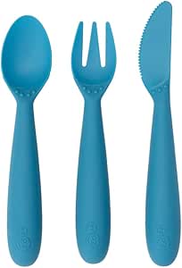 ezpz Happy Utensils - 24 Months  (Blue) - BPA Free Toddler Utensils - Fork, Spoon and Knife for Toddlers and Preschoolers - Kids Utensils for Self-Feeding Development