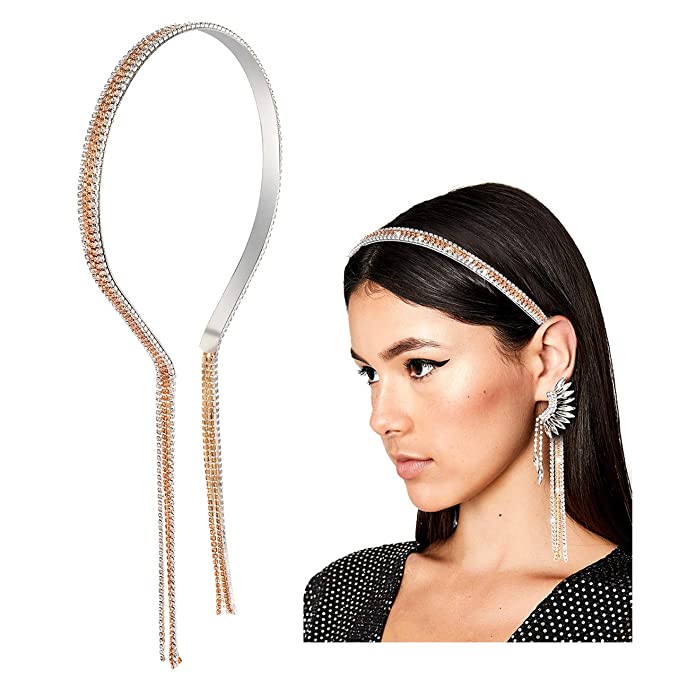 CENAPOG Crystal Tassel Headband for Women Sparkly Rhinestone Fake Earrings Hair Chain Hairhoop Wedding Bridal Bejewelled Hairband for Girls