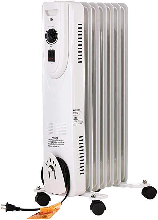 PUPZO Oil Filled Radiator Space Heaer 1500W 12hr Timer Adjustable Thermostat TIP-OVER Overheat protection (White)