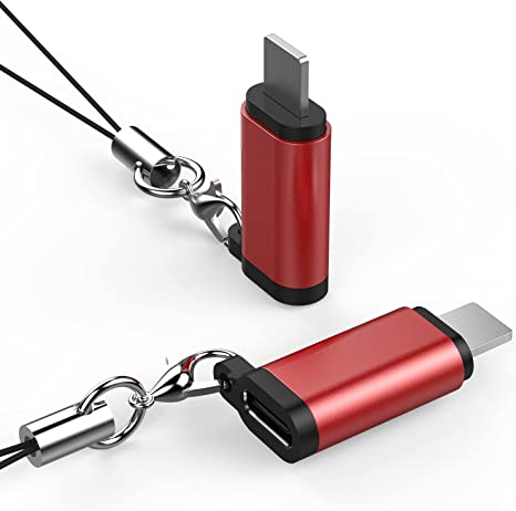 2PACK Red USB C Female Adapter to i-OS Male Connector with Anti-lost Keychain Made of Aluminum. Support Charging and Data Transfer Compatible for i-OS Phone, Pad Mini and Pod Touch.