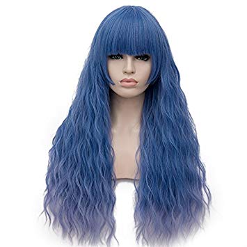 OneUstar Women's Blue Wig with Bangs Long Fluffy Curly Wavy Hair Wigs Heat Friendly Synthetic Cosplay Fancy Dress Party Wigs