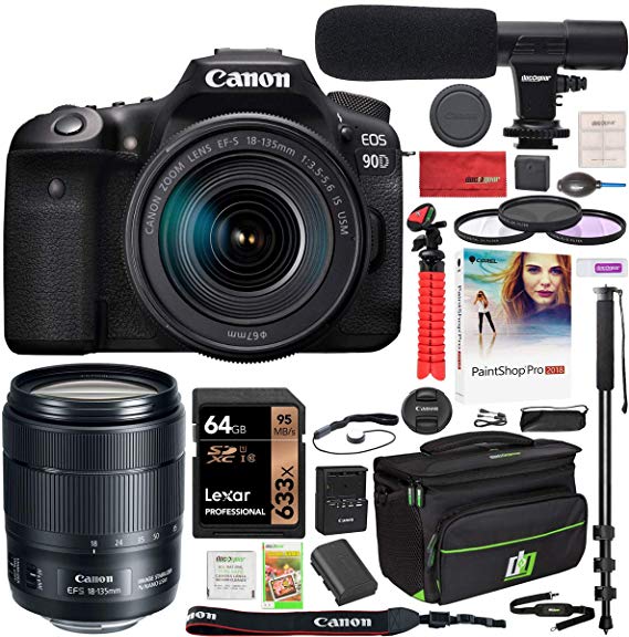 Canon EOS 90D DSLR Digital SLR Camera with EF-S 18-135mm f/3.5-5.6 is USM Lens Kit and Deco Gear Deluxe Gadget Bag Case Bundle   Microphone   Monopod   Filter Set   64GB Memory Card & Accessories