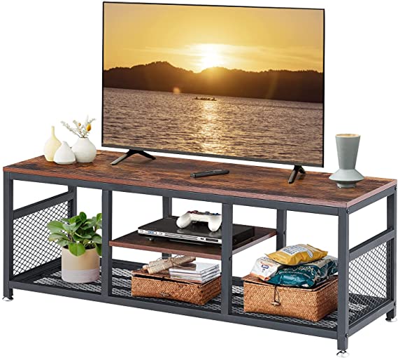 VECELO Industrial Stand,3-Tier Coffee Table with Shelves, Media Entertainment Center for TV up to 55 Inches, Gaming Consoles Nightstand with Steel Frame for Living Room Bedroom, Rustic Brown