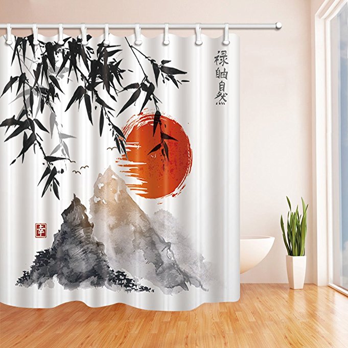 NYMB Japanese Bamboo Trees Sun and Mountains Bath Curtain, Polyester Fabric Waterproof Shower Curtains, 69X70 in, Shower Curtain Hooks Included, Red(Multi4)