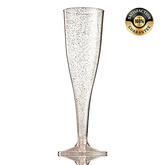 JK Deluxe Gold Glitter Plastic Champagne Flutes | Clear 5-oz Wedding, New Year, Engagement & Bridal Shower Toasting Glasses | Shatterproof & Disposable Sparkling Wine Glasses for Parties | Set of 50