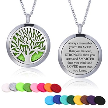 Mtlee Aromatherapy Essential Oil Diffuser Necklace Locket Pendant Stainless Steel Perfume Necklace with 16 Refill Pads and 24 Inch Adjustable Chain (Tree A)
