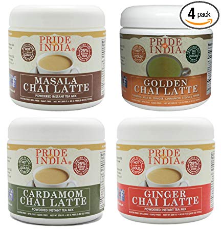 Pride Of India - Traditional Chai Latte Sweetened Assorted Pack - Powdered Instant Tea Premix, 4 Jars Total - 2.2lbs (1Kilo) - Makes 80-100 Cups - Unique Flavors, Great Value, Amazing for Tea Parties