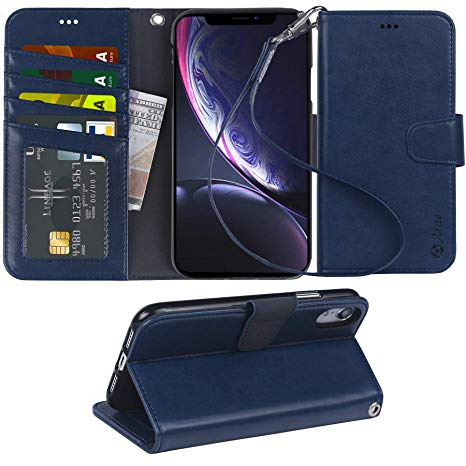 Arae Wallet Case Designed for iPhone xr 2018 PU Leather flip case Cover [Stand Feature] with Wrist Strap and [4-Slots] ID&Credit Cards Pocket for iPhone Xr 6.1" - Blue