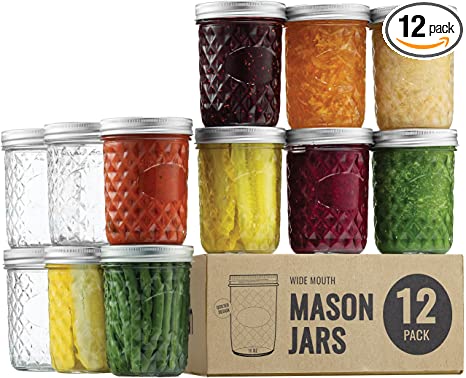 Paksh Novelty Mason Jars 16 oz - 12-Pack Quilted Wide Mouth Glass Jars with Lid & Seal Bands - Airtight Container for Pickling, Canning, Candles, Home Decor, Overnight Oats, Fruit Preserves, Jam or Jelly