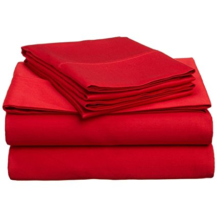 100% Premium Long-Staple Combed Cotton 300 Thread Count Queen 4-Piece Sheet Set, Deep Pocket, Single Ply, Solid, Red