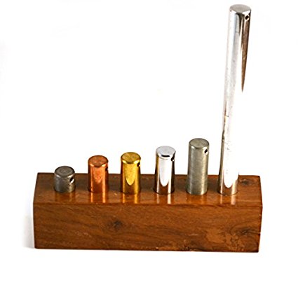 Equal Mass (100g) Cylinders, Set of 6 Metals with Wooden Holder and Drilled for Suspension, Varied Lengths and 0.6" (16mm) Diameter - Lead, Copper, Brass, Iron, Zinc, Aluminum - For use with Density, Specific Gravity, Specific Heat Activities - Eisco Labs