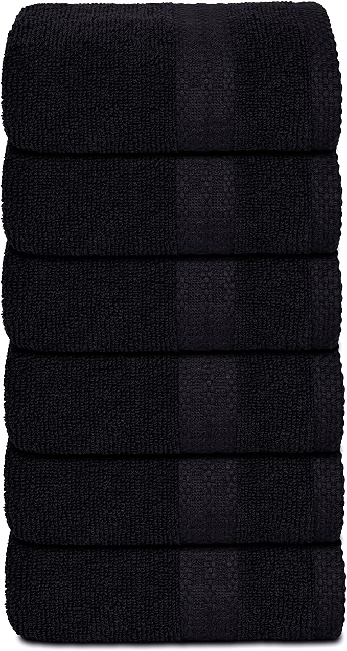 GLAMBURG Ultra Soft 6-Piece Hand Towel Set 16x28 - 100% Ringspun Cotton - Durable & Highly Absorbent Hand Towels - Ideal for use in Bathroom, Kitchen, Gym, Spa & General Cleaning - Black